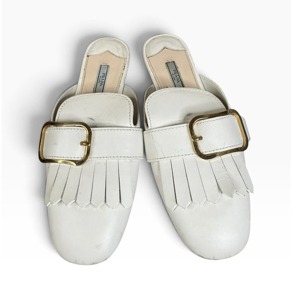 Prada White Leather Fringe Buckle Mules Flats IT 39 US 9 Gold Hardware - Picture 2 of 11